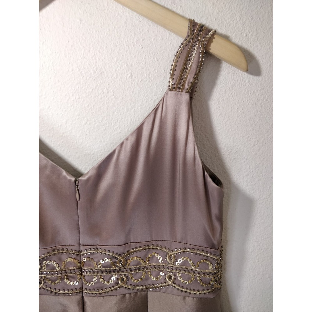 Adrianna Papell Tan 100% Silk Embellished Sleeveless Cocktail Sheath Dress 12 - Picture 7 of 9
